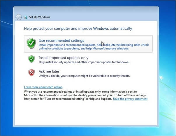 utiliser les paramètres recommandés de Windows 7