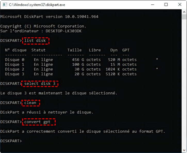 diskpart convertir en gpt