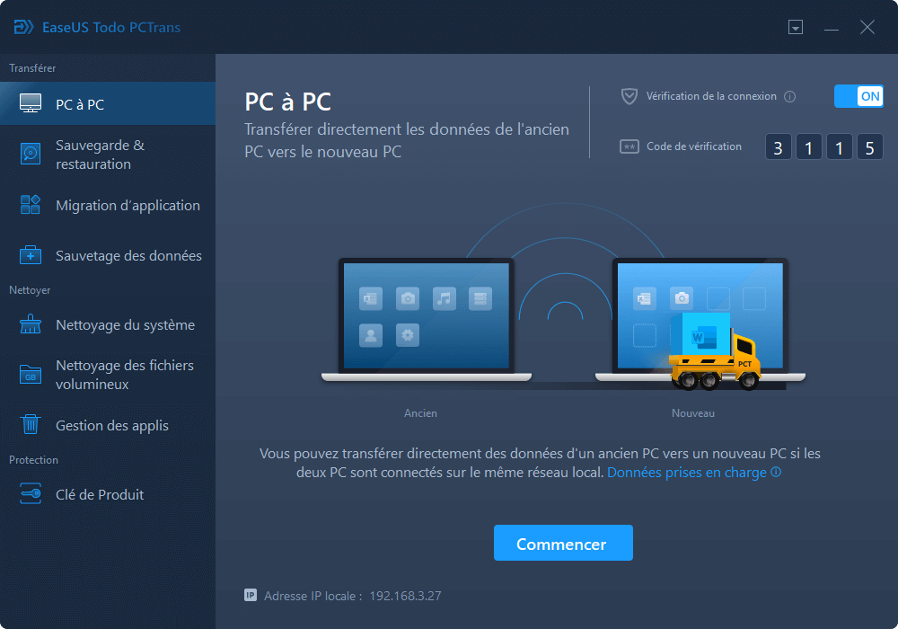 Sélectionnez le mode de transfert de PC à PC