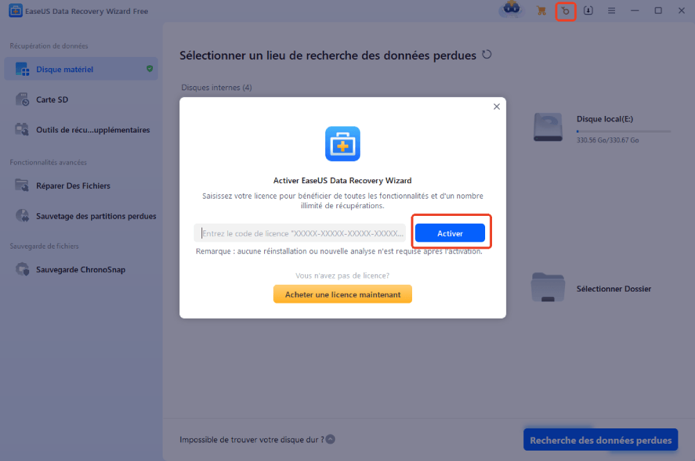 Activez EaseUS Data Recovery Wizard avec le code de licence.