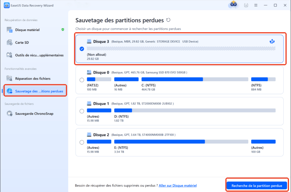 sélectionner la partition supprimée dans la première étape