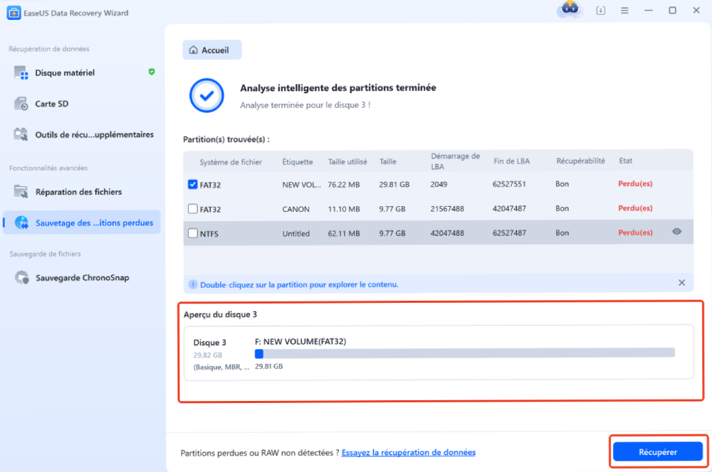 récupérer les données sur la partition supprimée