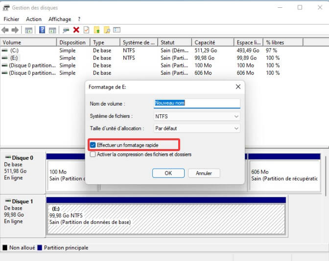 sélectionner effectuer un formatage rapide