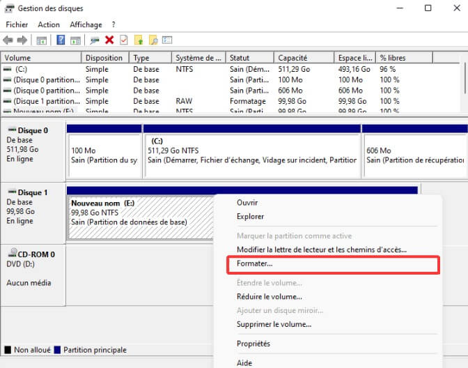 formater le lecteur dans la gestion des disques