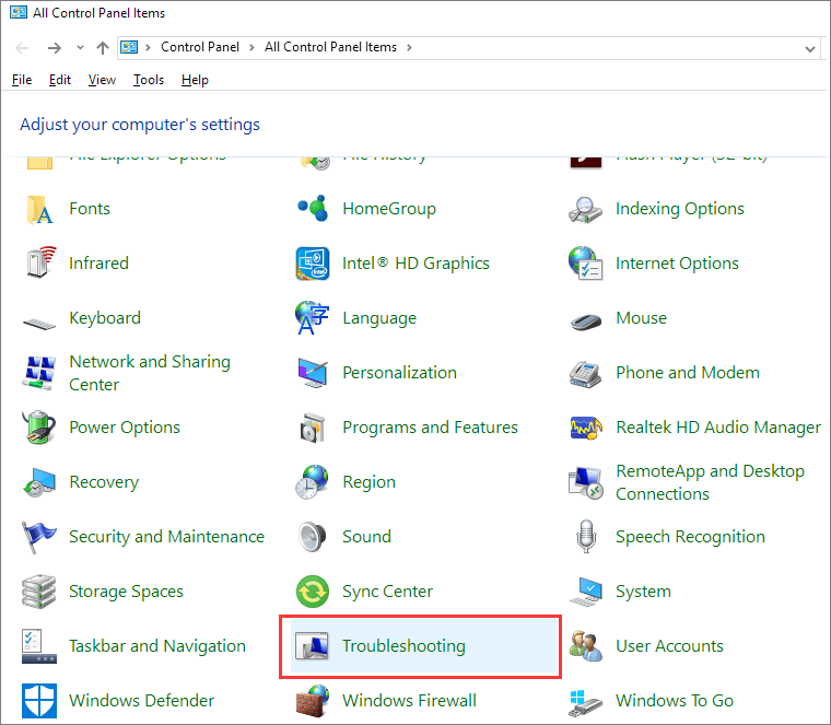 exécuter le dépannage dans le panneau de configuration