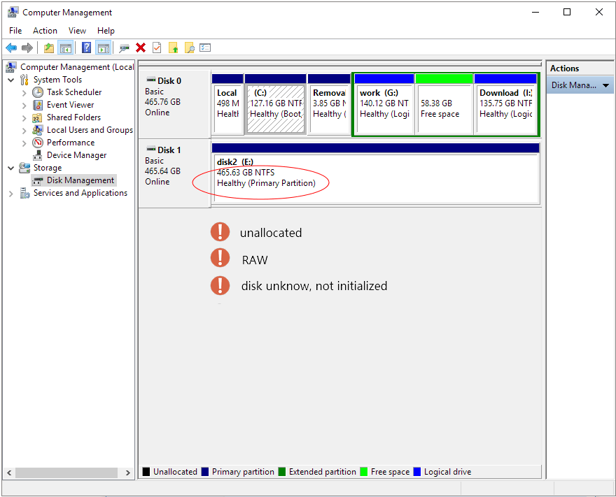 vérifier l'état du disque dur externe seagate dans la gestion des disques