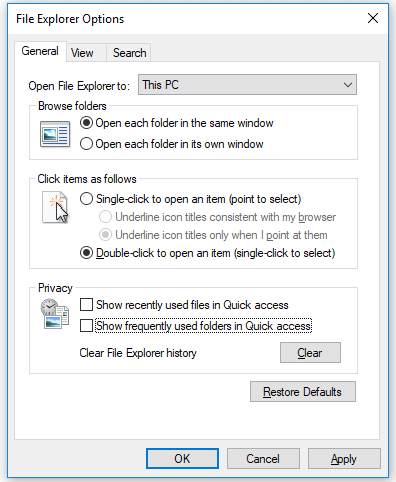  Correction de l'Explorateur de fichiers de Windows 10 qui continue de planter - désactiver l'accès rapide