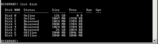 commande diskpart list disk