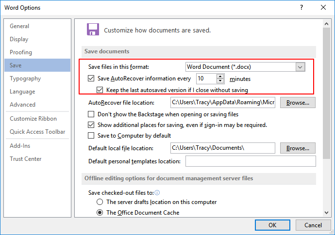 Activer la fonction AutoSave dans Word.