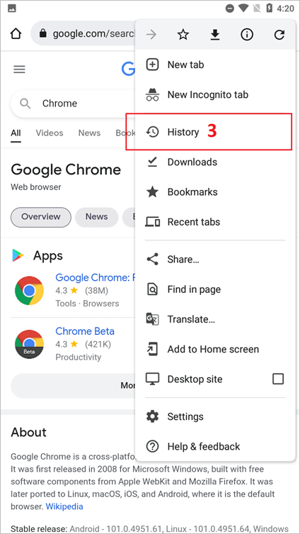 afficher l'historique de Chrome sur un téléphone
