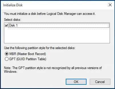 choisissez gpt ou mbr pour initialiser le disque