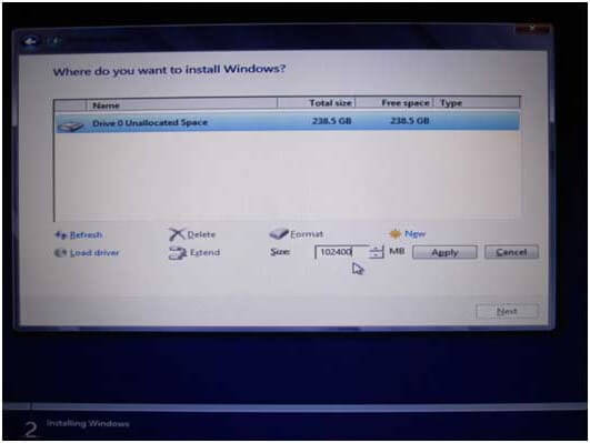 entrez la taille de la partition