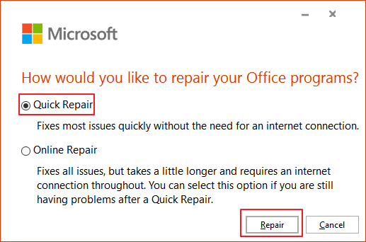 réparer l'installation du bureau pour réparer word ne répond pas-3