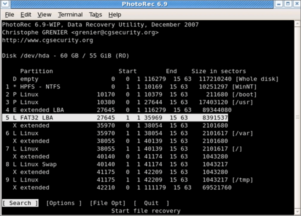 Logiciel de récupération de données sous Linux - PhotoRec