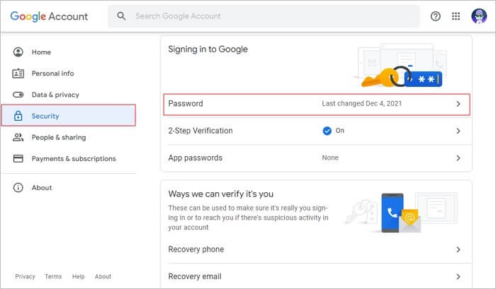 sélectionner l'option mot de passe