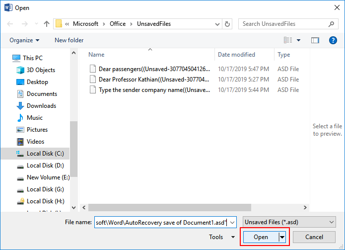ouvrir le fichier Word non sauvegardé