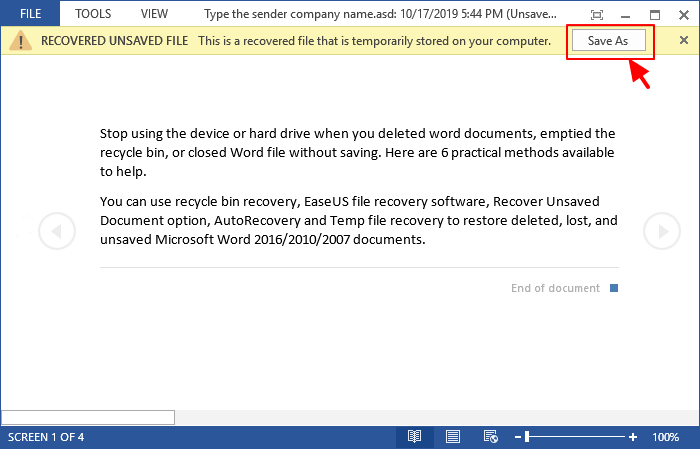sauvegarder le document word non sauvegardé