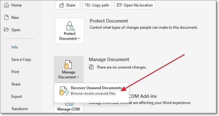 récupérer un document non sauvegardé