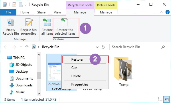 Restaurer les images Windows supprimées de la corbeille