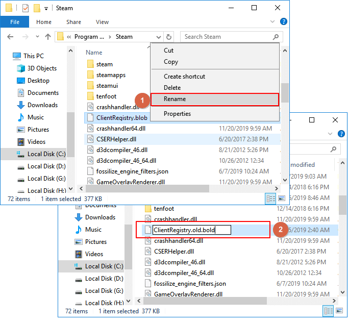 Renommez le fichier client Steam pour récupérer jeu Steam supprimé
