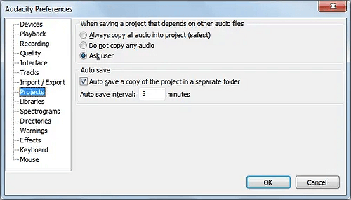 Activez la fonction AutoSave dans Audacity