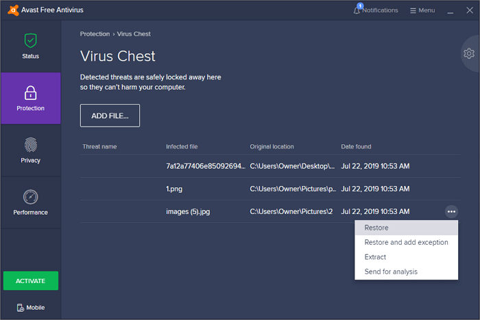 récupérer les fichiers ou données supprimés par l'antivirus