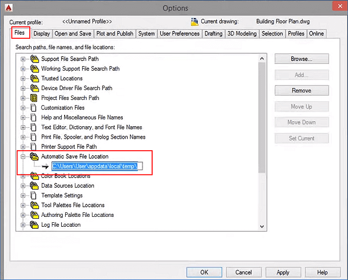 Trouver l'emplacement du fichier de sauvegarde automatique du fichier CAO perdu.