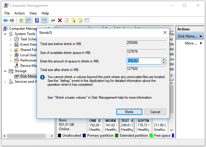 rétrécir le volume windows 10