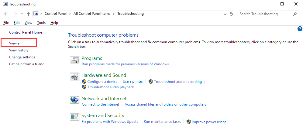 cliquez sur tout afficher dans le dépannage
