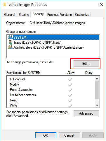 Changer l'autorisation d'accès au dossier.