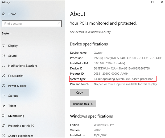 vérifier le type de système de windows 10
