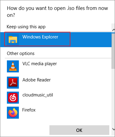 choisissez l'explorateur Windows pour ouvrir l'iso