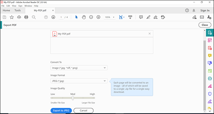 convertir un pdf en jpg dans Windows 10 en utilisant adobe reader