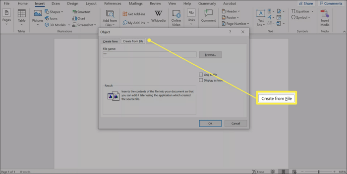 insérer word créer à partir d'un fichier