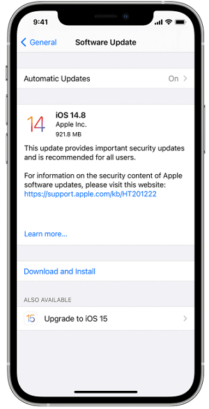 mise à jour vers le dernier iOS pour corriger l'erreur