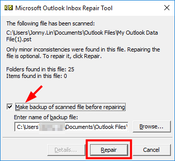 Réparer les données Outlook