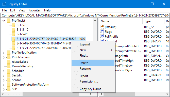 restaurer le profil de l'utilisateur.