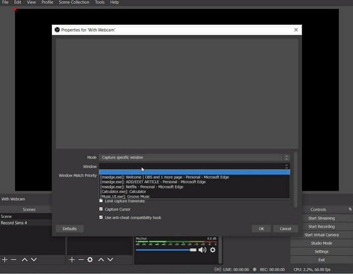 obs sims 4 configuration d'enregistrement de jeu