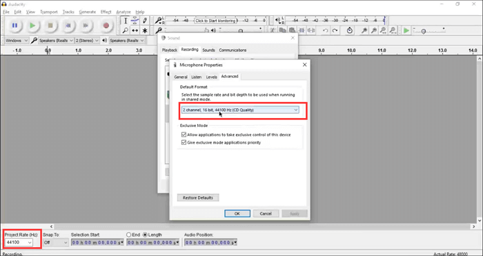 définir la fréquence d'échantillonnage dans audacity