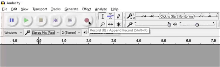 début de l'enregistrement dans audacity