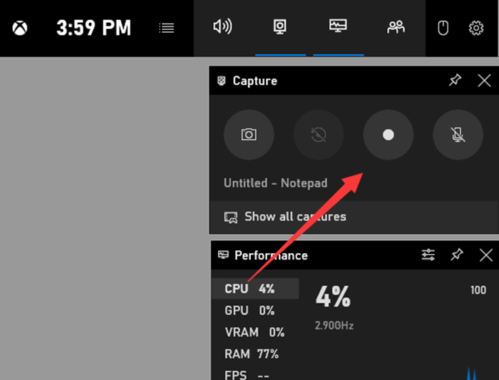 écran d'enregistrement des barres de jeu de la xbox