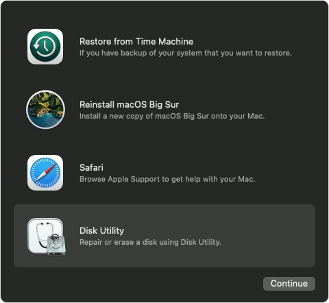utilitaire d'ouverture de disque dans la récupération de macos