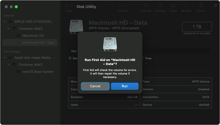 lancement de premier secours pour la réparation du disque de démarrage dans la récupération macos