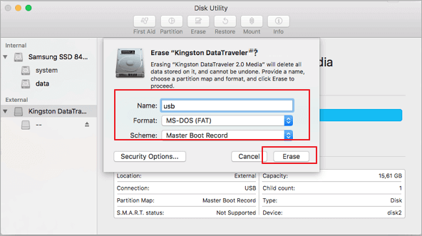 Formatez USB en FAT32 avec Disk Utility.