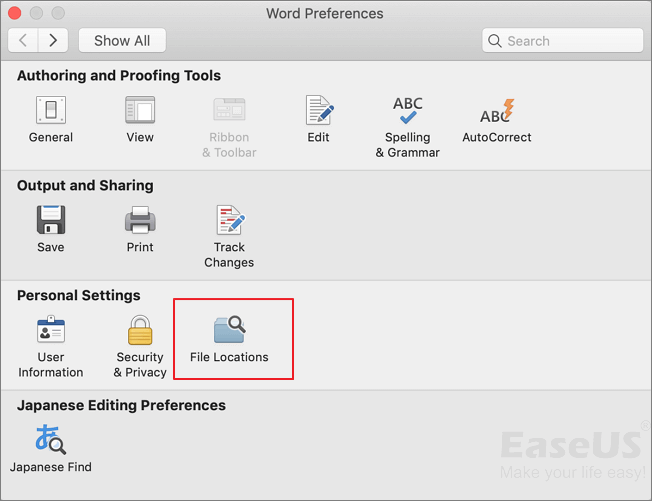 sélectionnez les emplacements des fichiers mac word