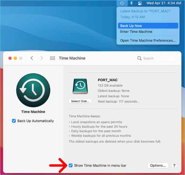 cocher l'option de sauvegarde automatique et afficher Time Machine dans la barre de menu