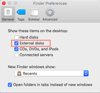 Cochez Disques externes dans les préférences du Finder