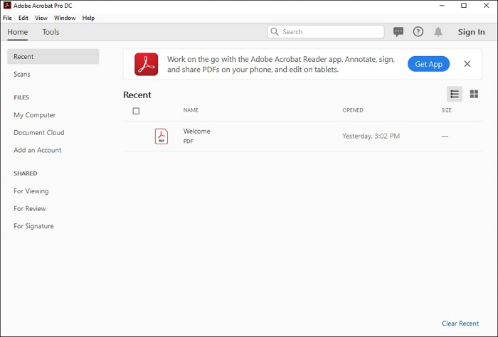 écran d'accueil d'adobe acrobat pro