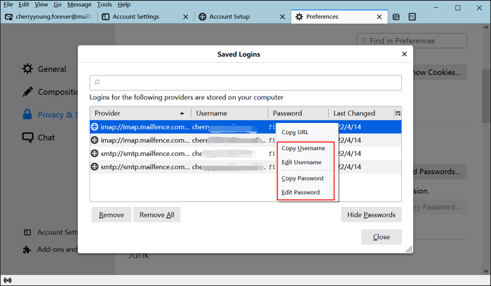 modifier le nom d'utilisateur ou le mot de passe dans Thunderbird