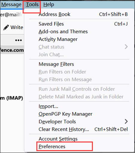 sélectionner les préférences dans Thunderbird